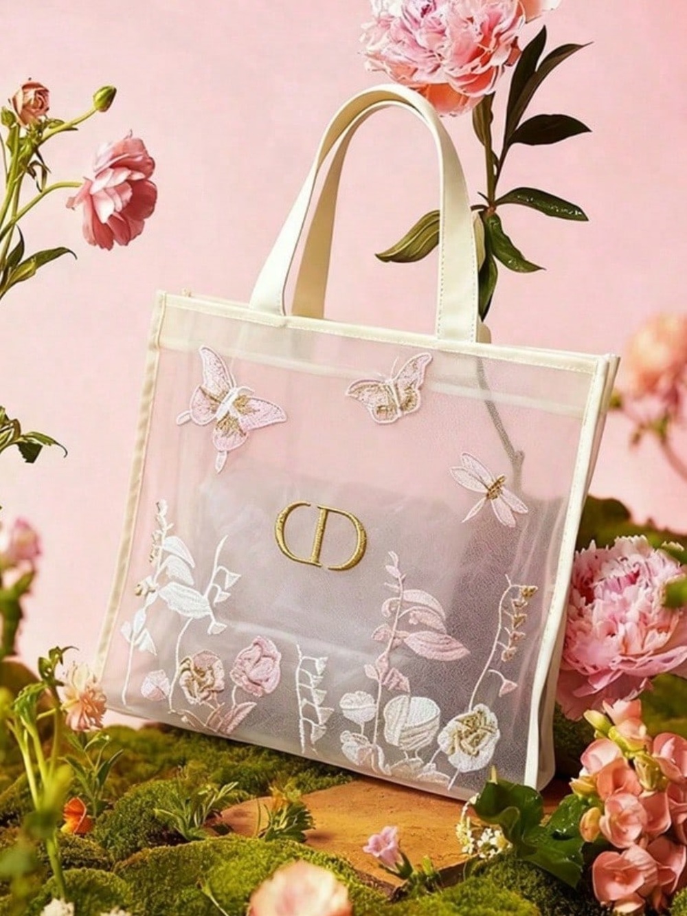 Dior Cream Transparent Tote with Pink & Gold Embroidery NWT